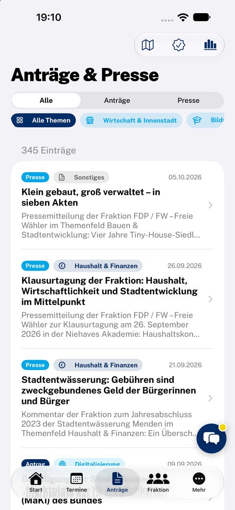Liste der Anträge und Pressemitteilungen